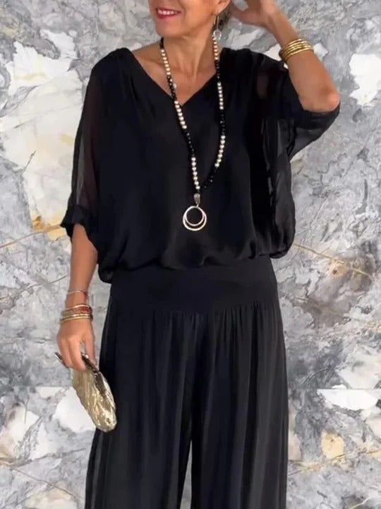 Women's Jumpsuit Chiffon Wide Leg V Neck Loose Set Long Romper
