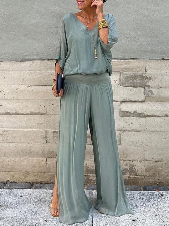 Women's Jumpsuit Chiffon Wide Leg V Neck Loose Set Long Romper