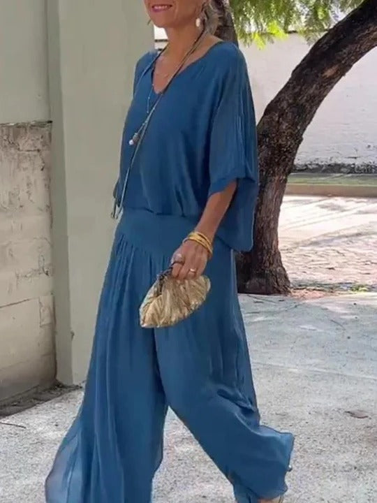 Women's Jumpsuit Chiffon Wide Leg V Neck Loose Set Long Romper