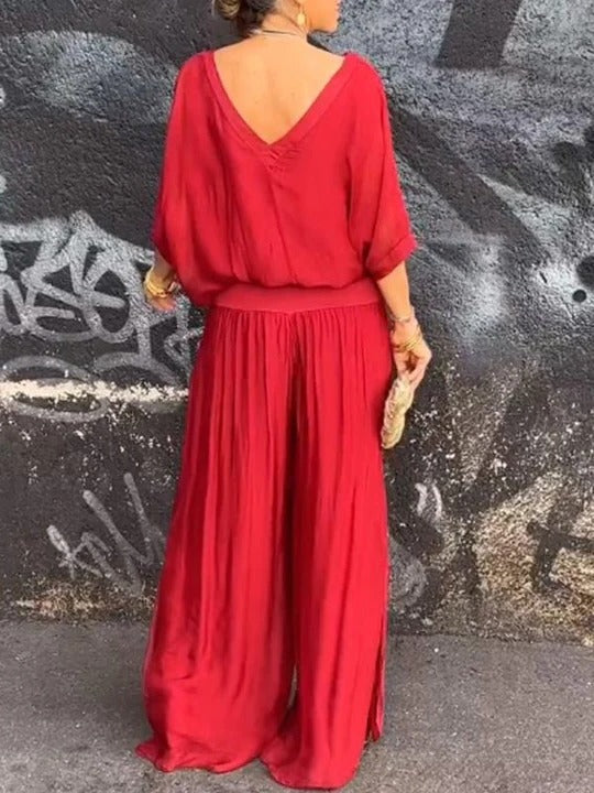 Women's Jumpsuit Chiffon Wide Leg V Neck Loose Set Long Romper