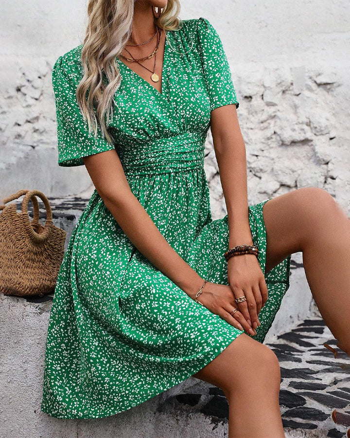 Women’s Linen Floral V-Neck A-Line Mini Dress