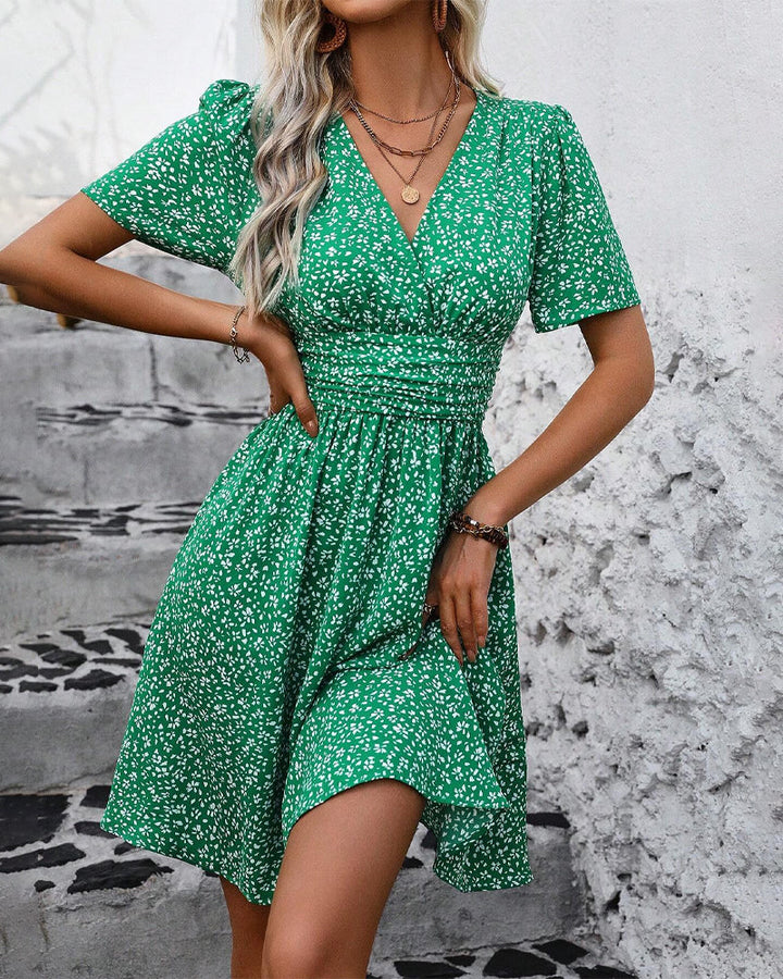 Women’s Linen Floral V-Neck A-Line Mini Dress