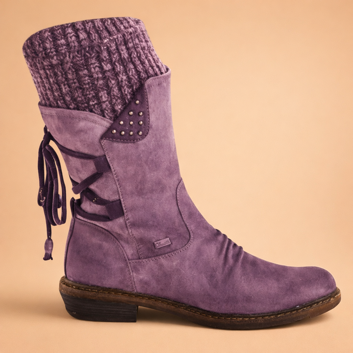 Women's Suede Knit Mid Calf Outdoor Ankle Boots 