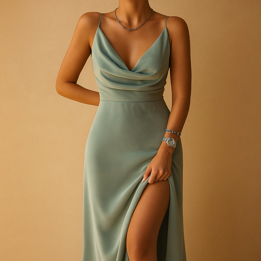 Women's Satin Cowl Neck Thigh Slit Maxi Evening Dress
