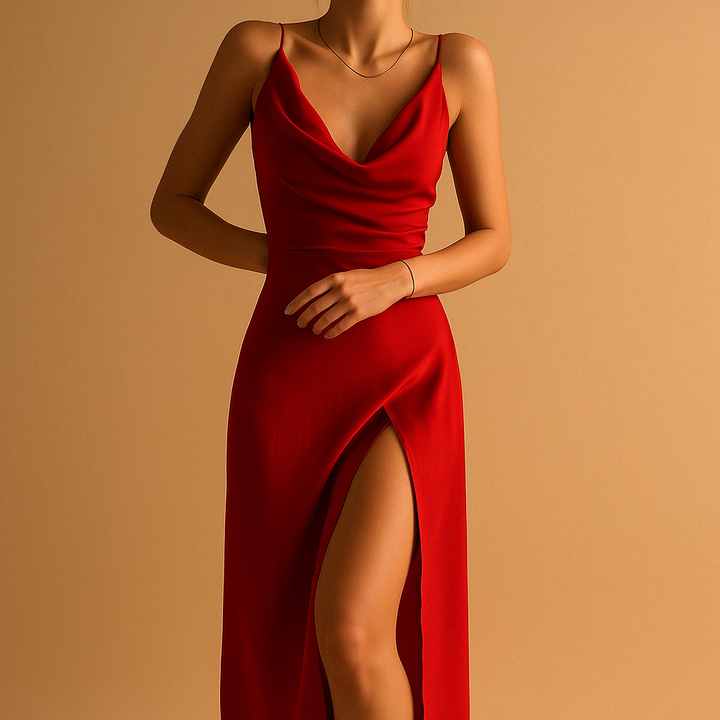 Women's Satin Cowl Neck Thigh Slit Maxi Evening Dress