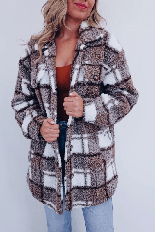 Women's Plaid Shacket Fleece Shirt Jacket