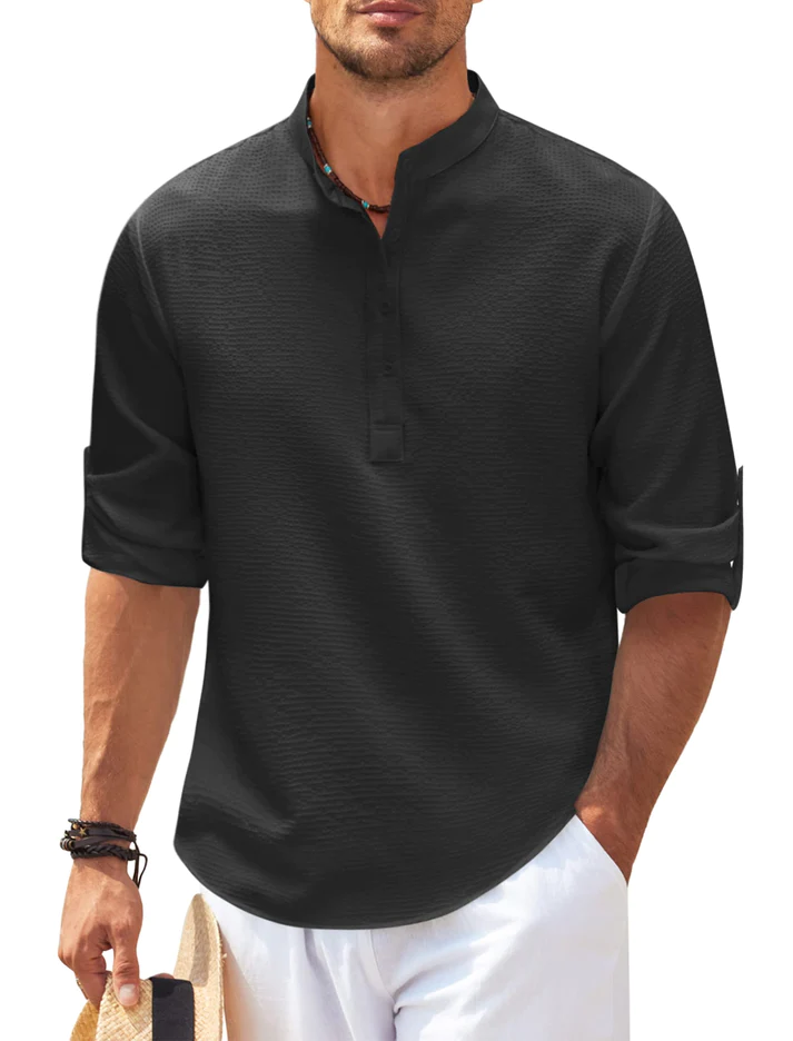 Men's Linen Blend Henley Shirt Long Sleeve Casual Top