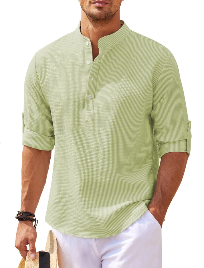 Men's Linen Blend Henley Shirt Long Sleeve Casual Top