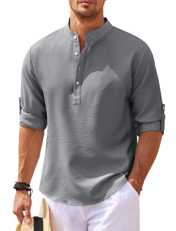 Men's Linen Blend Henley Shirt Long Sleeve Casual Top