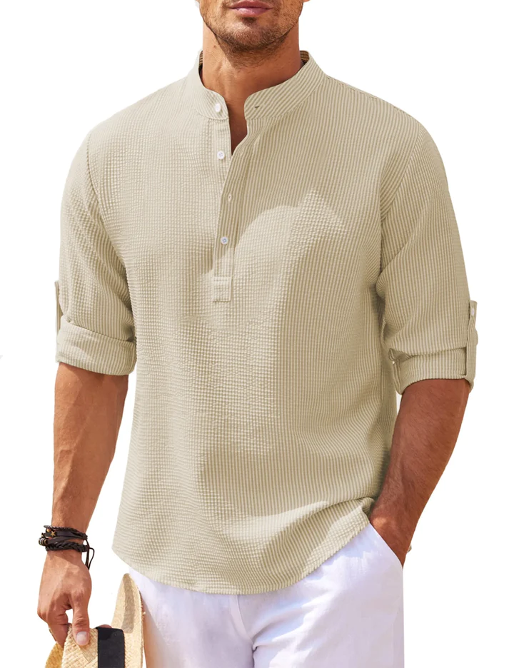 Men's Linen Blend Henley Shirt Long Sleeve Casual Top
