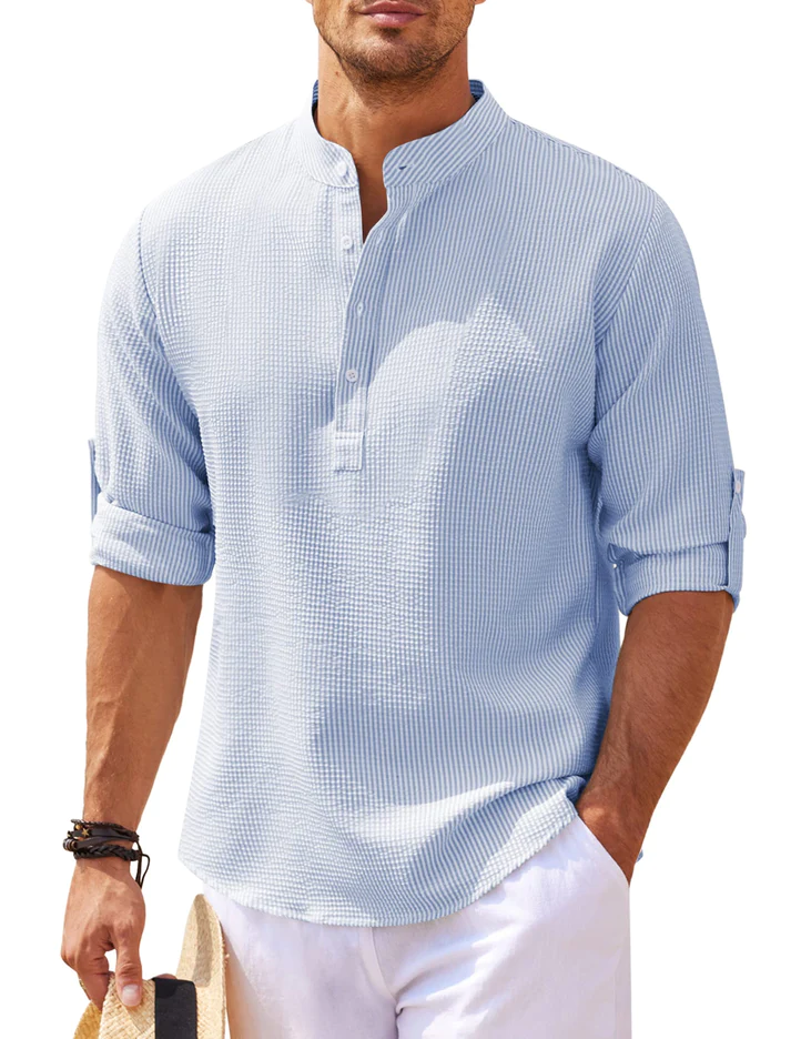 Men's Linen Blend Henley Shirt Long Sleeve Casual Top