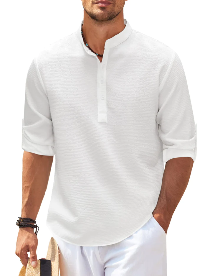 Men's Linen Blend Henley Shirt Long Sleeve Casual Top