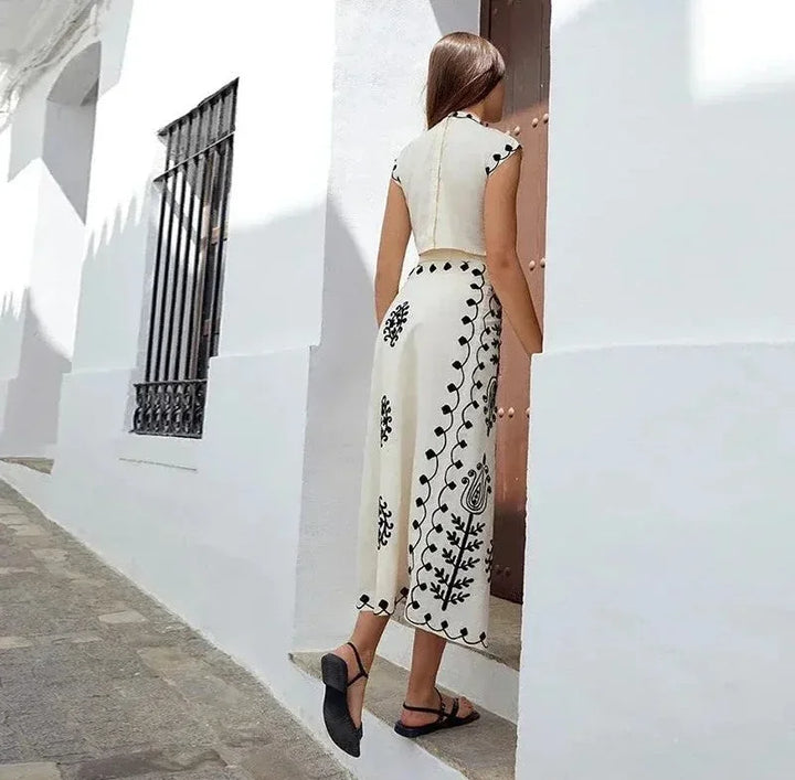 Women Linen Maxi Skirt and Crop Top Two Piece Set