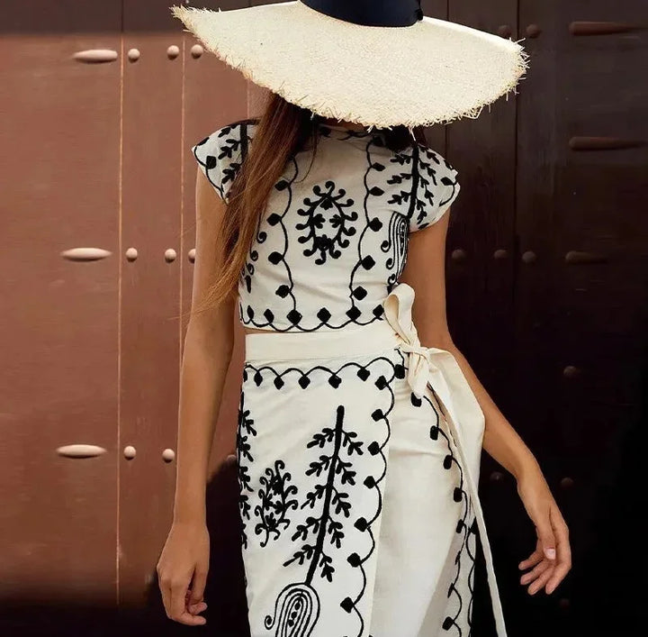Women Linen Maxi Skirt and Crop Top Two Piece Set