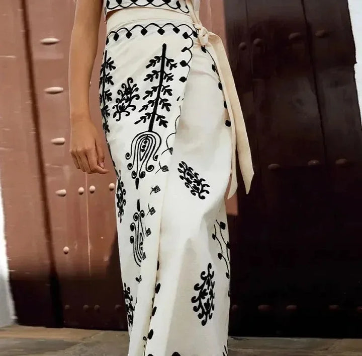 Women Linen Maxi Skirt and Crop Top Two Piece Set