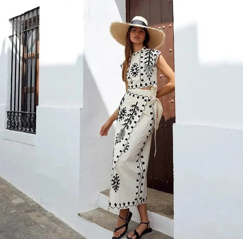 Women Linen Maxi Skirt and Crop Top Two Piece Set