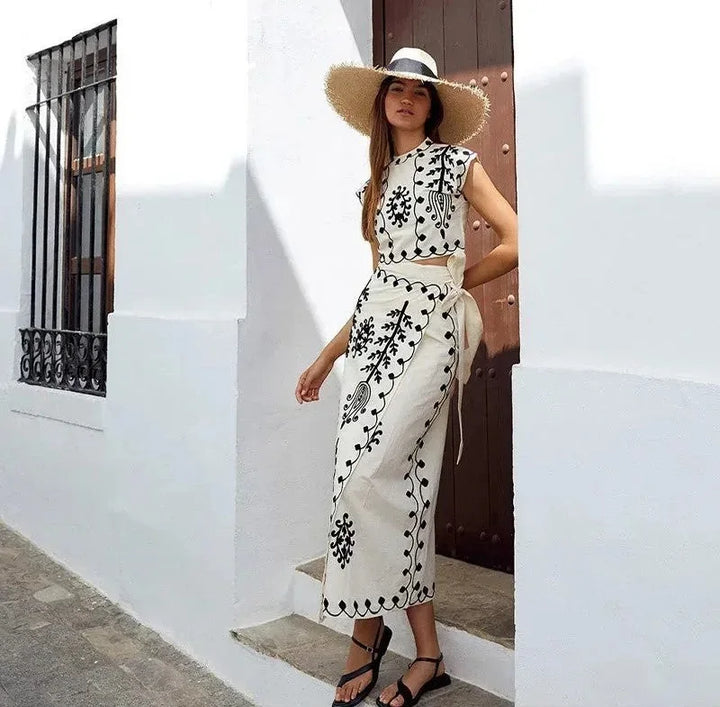 Women Linen Maxi Skirt and Crop Top Two Piece Set