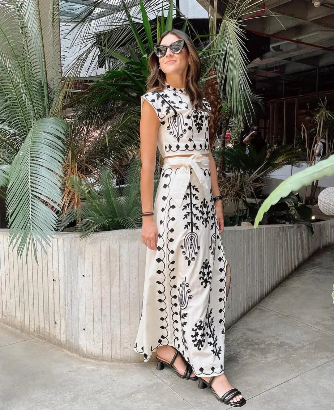 Women Linen Maxi Skirt and Crop Top Two Piece Set