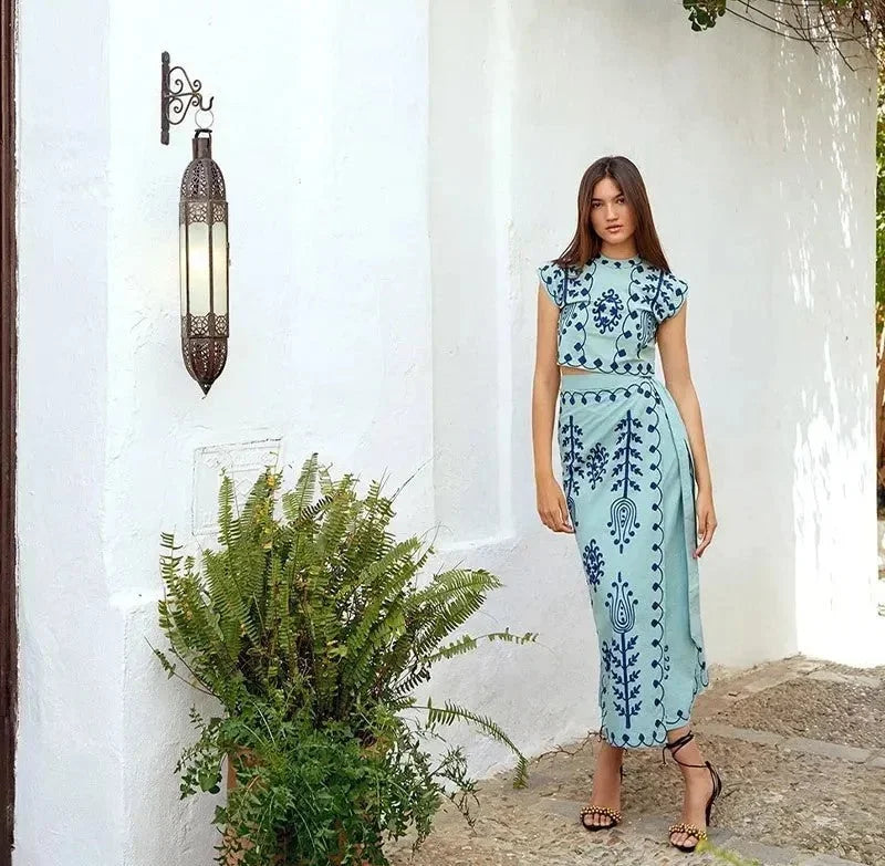 Women Linen Maxi Skirt and Crop Top Two Piece Set