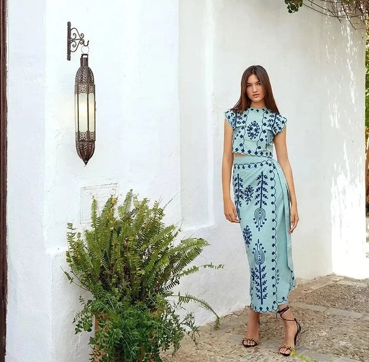 Women Linen Maxi Skirt and Crop Top Two Piece Set