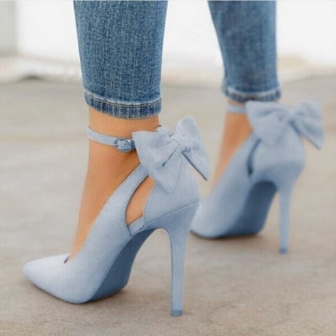 Women's Suede High Heel Pumps with Ankle Strap and Bow Detail
