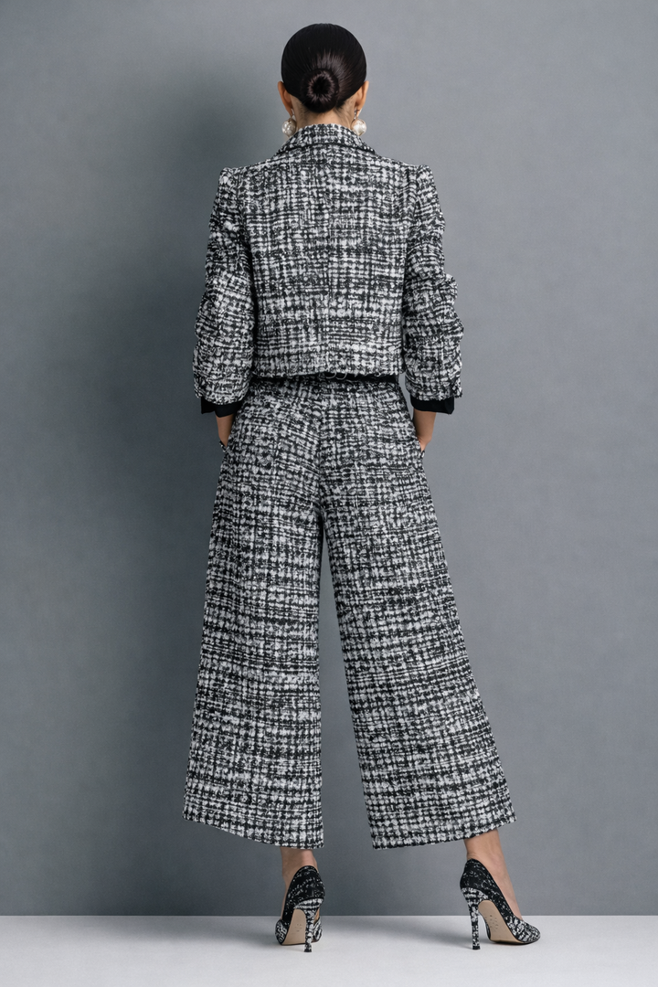 Women's Tweed-Style Cropped Jacket & Wide-Leg Pants Suit Set