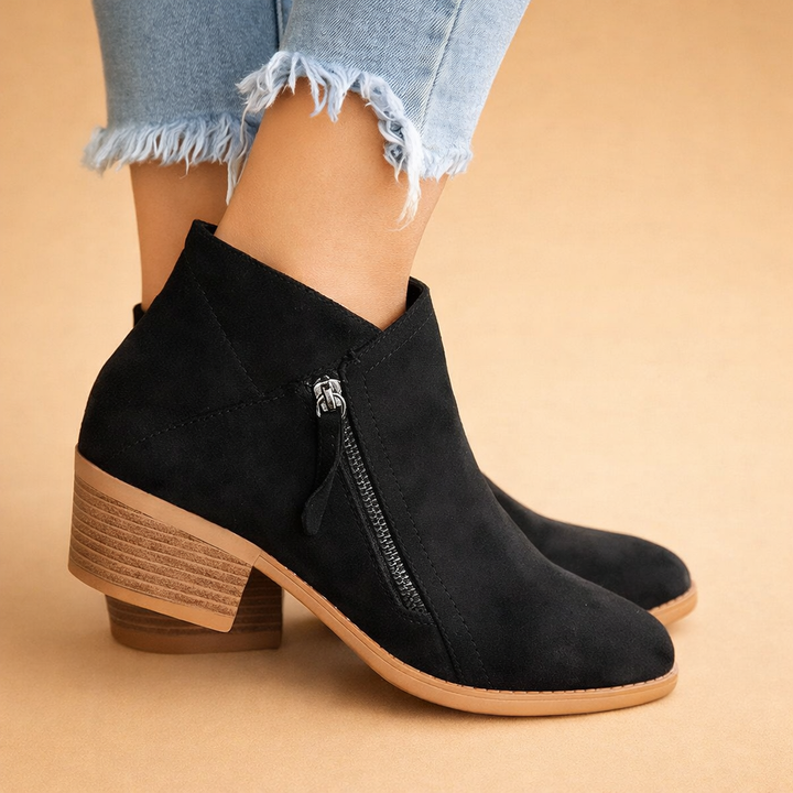 Women's Suede Leather Low Block Heel Zipper Ankle Boots