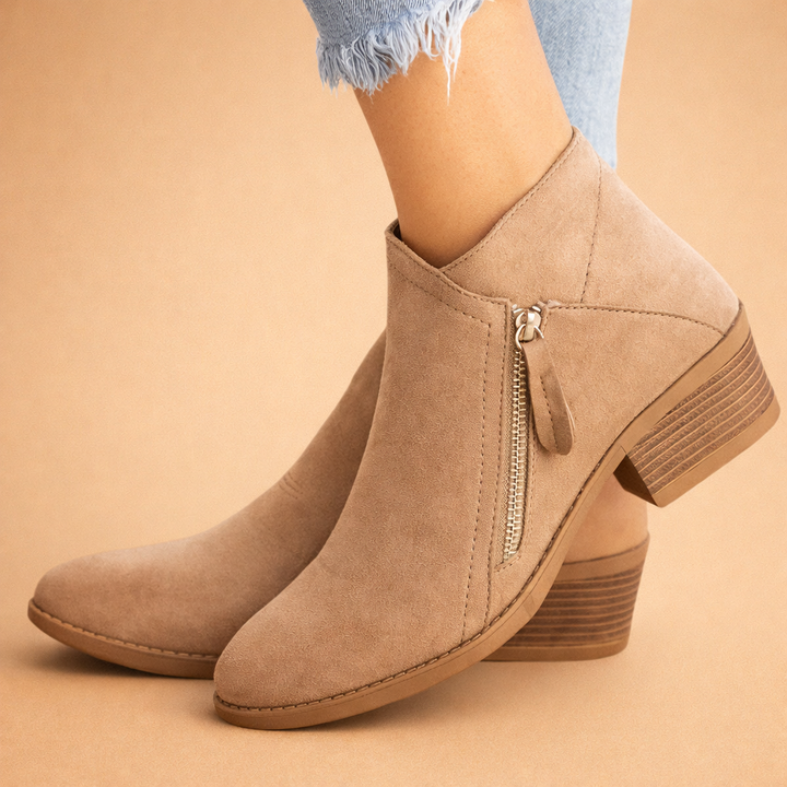 Women's Suede Leather Low Block Heel Zipper Ankle Boots