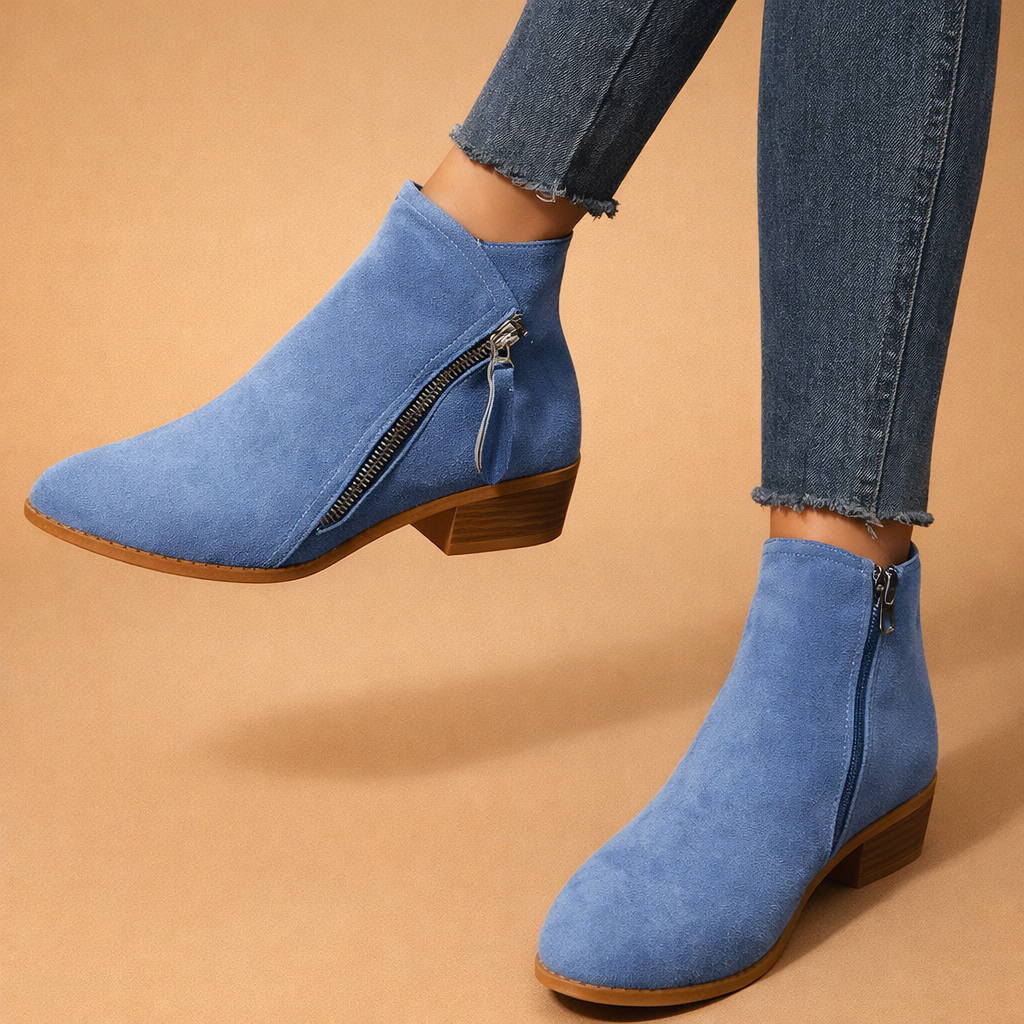 Women's Suede Leather Low Block Heel Zipper Ankle Boots