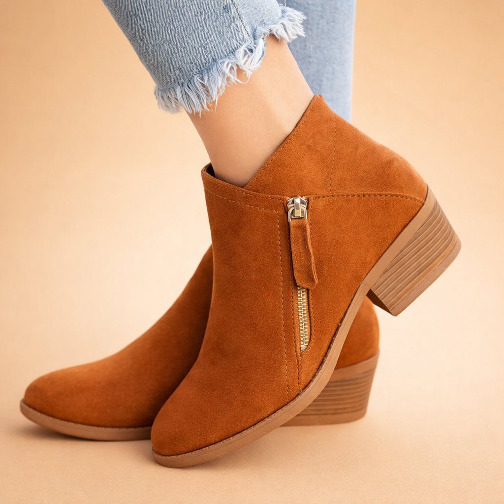 Women's Suede Leather Low Block Heel Zipper Ankle Boots