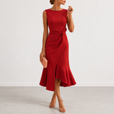 Women's Satin Ruffle Hem Sleeveless Midi Cocktail Dress