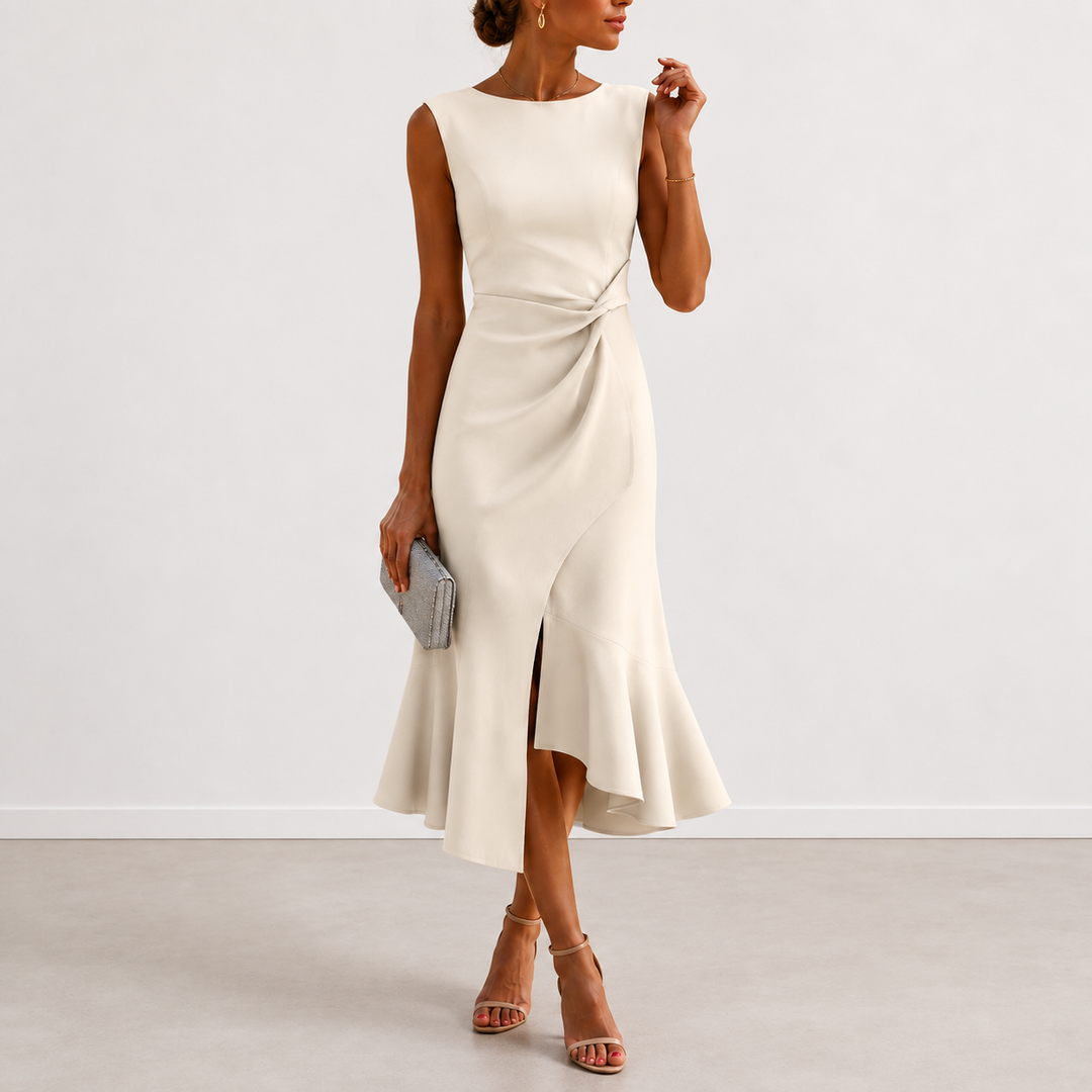 Women's Satin Ruffle Hem Sleeveless Midi Cocktail Dress