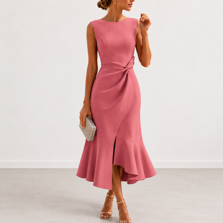 Women's Satin Ruffle Hem Sleeveless Midi Cocktail Dress