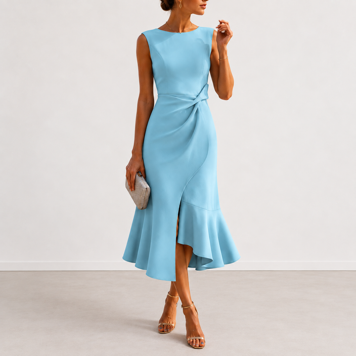 Women's Satin Ruffle Hem Sleeveless Midi Cocktail Dress