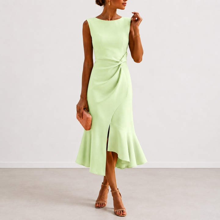 Women's Satin Ruffle Hem Sleeveless Midi Cocktail Dress