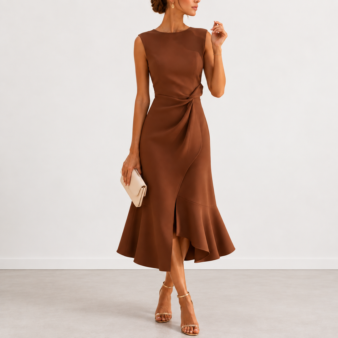 Women's Satin Ruffle Hem Sleeveless Midi Cocktail Dress
