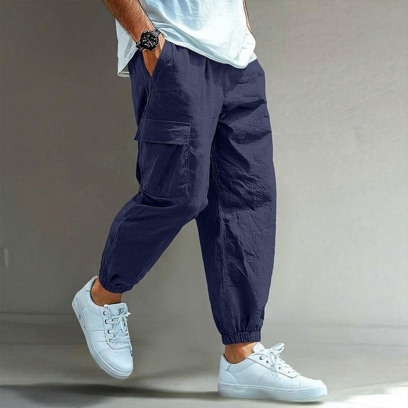 Men's Linen Blend Cargo Joggers Casual Athletic Tracksuit Pants