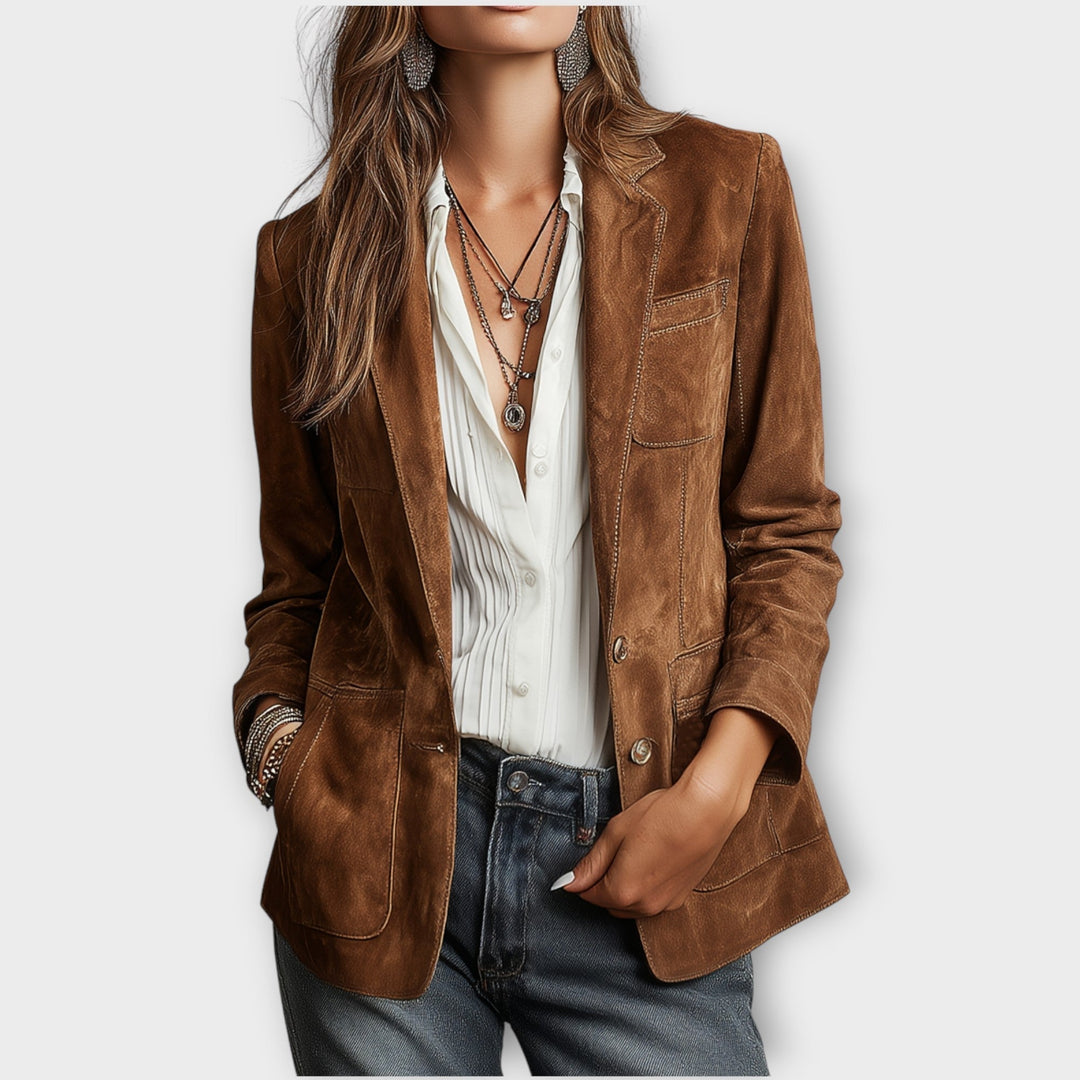 Dámské sako z umělé semišové kůže s klopami a zapínáním na knoflíky vpředu