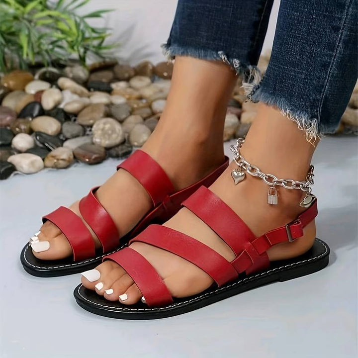 Women's Summer Vegan Leather Triple Strap Flat Sandals