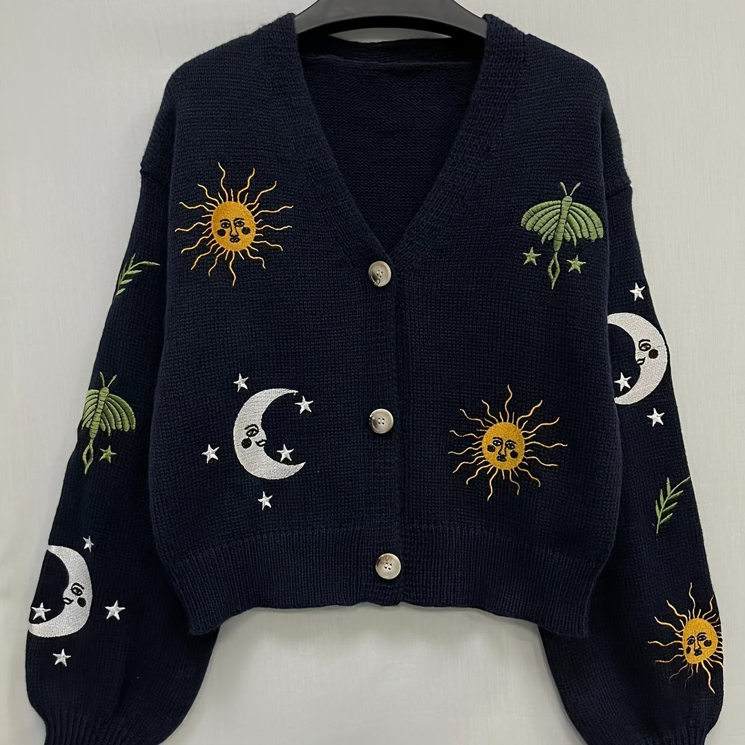 Women's Wool Sweater Embroidered Knit Jumper V-Neck Cardigan