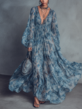 Women's Chiffon Boho Floral V-Neck Long Sleeve Maxi Dress