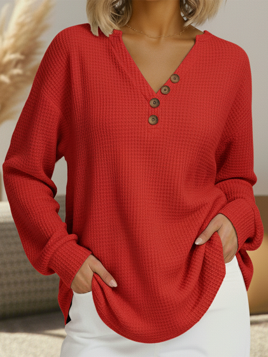 Women's Knit Henley Jumper Long Sleeve V Neck Top