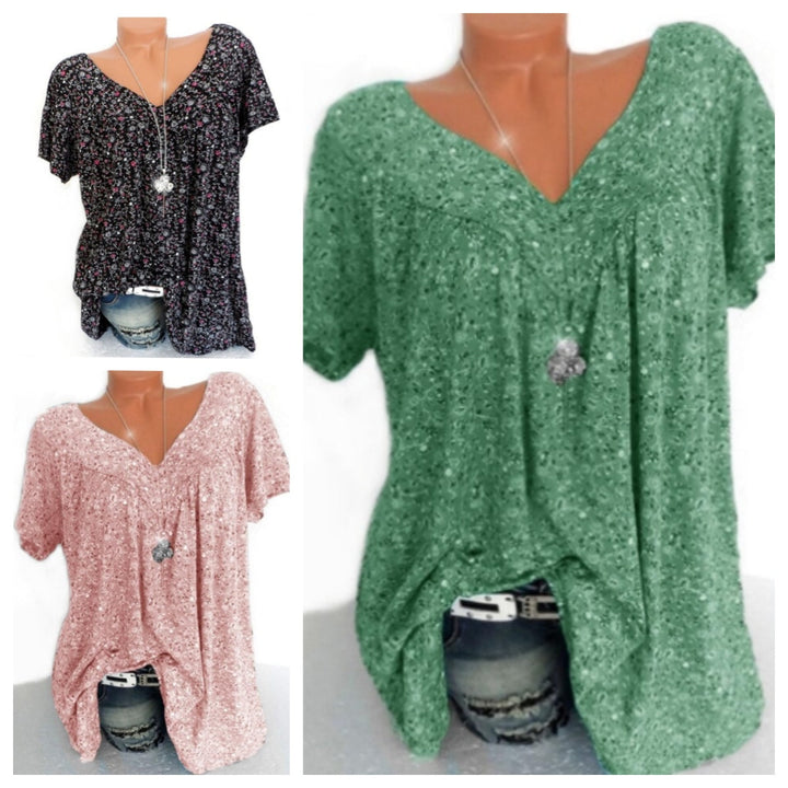 Women’s Linen Printed V-Neck Short-Sleeve Blouse