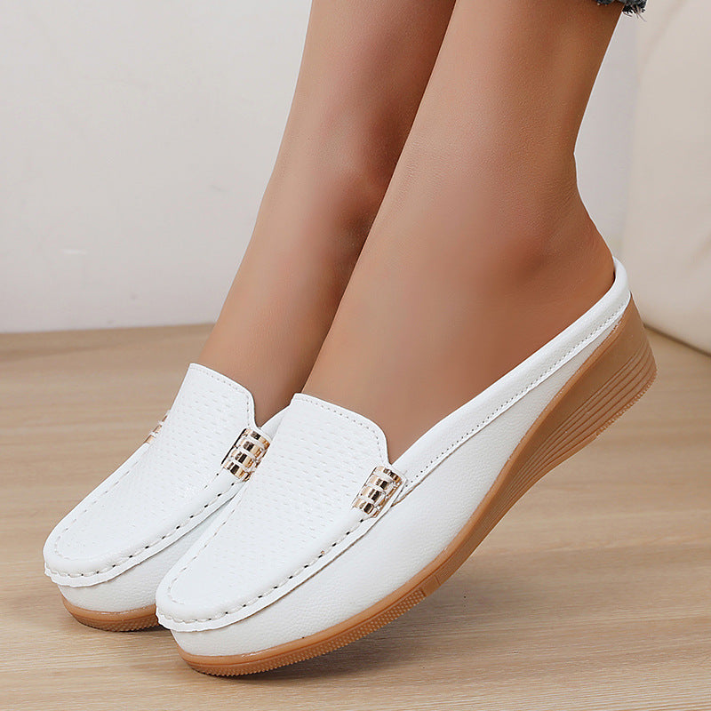 Women's Leather Mules Wedge Loafers Slip On Shoes