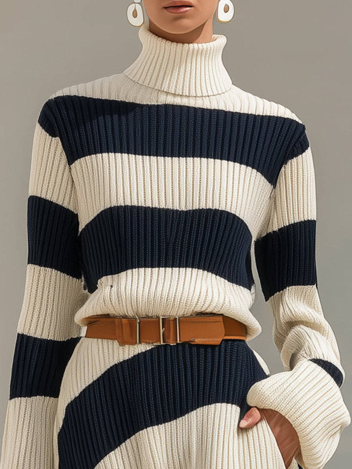 Women’s Striped High-Neck Belted Knit Maxi Dress
