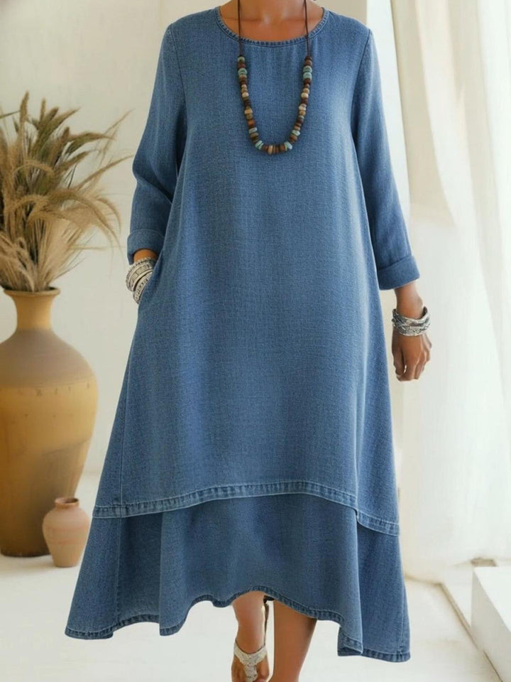 Women's Denim Layered Long Sleeve Maxi Dress