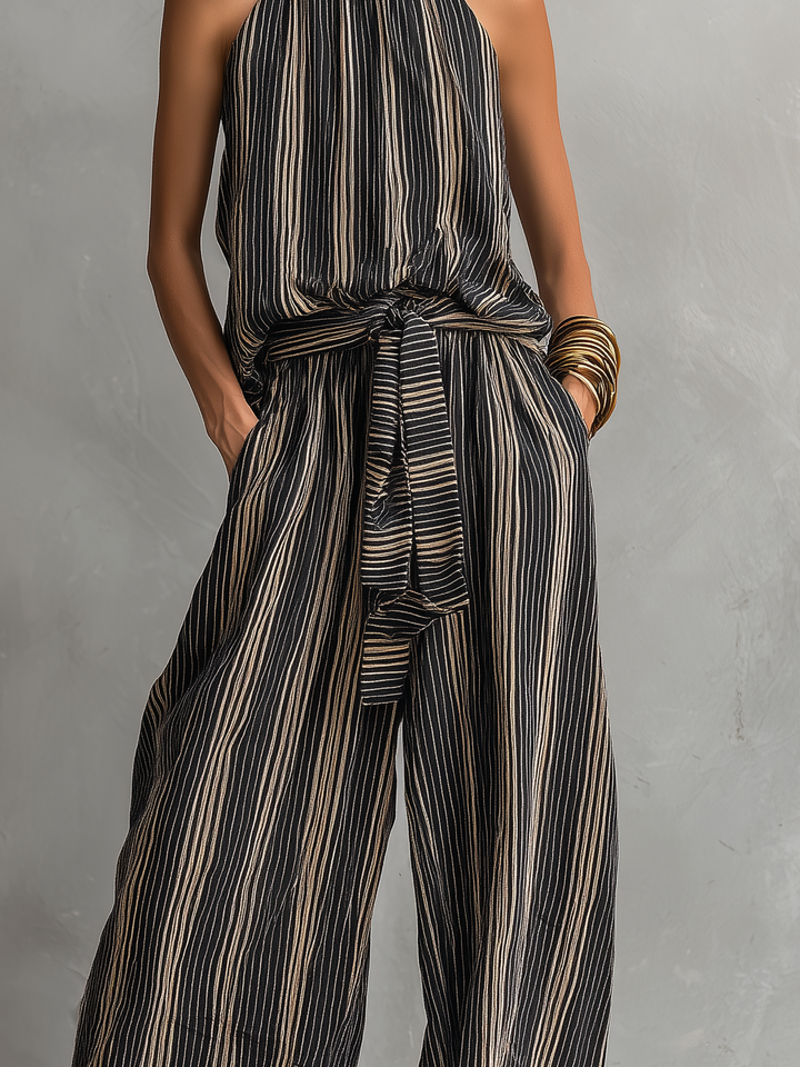 Combinaison-pantalon dos nu en maille rayée pour femme, à jambes larges
