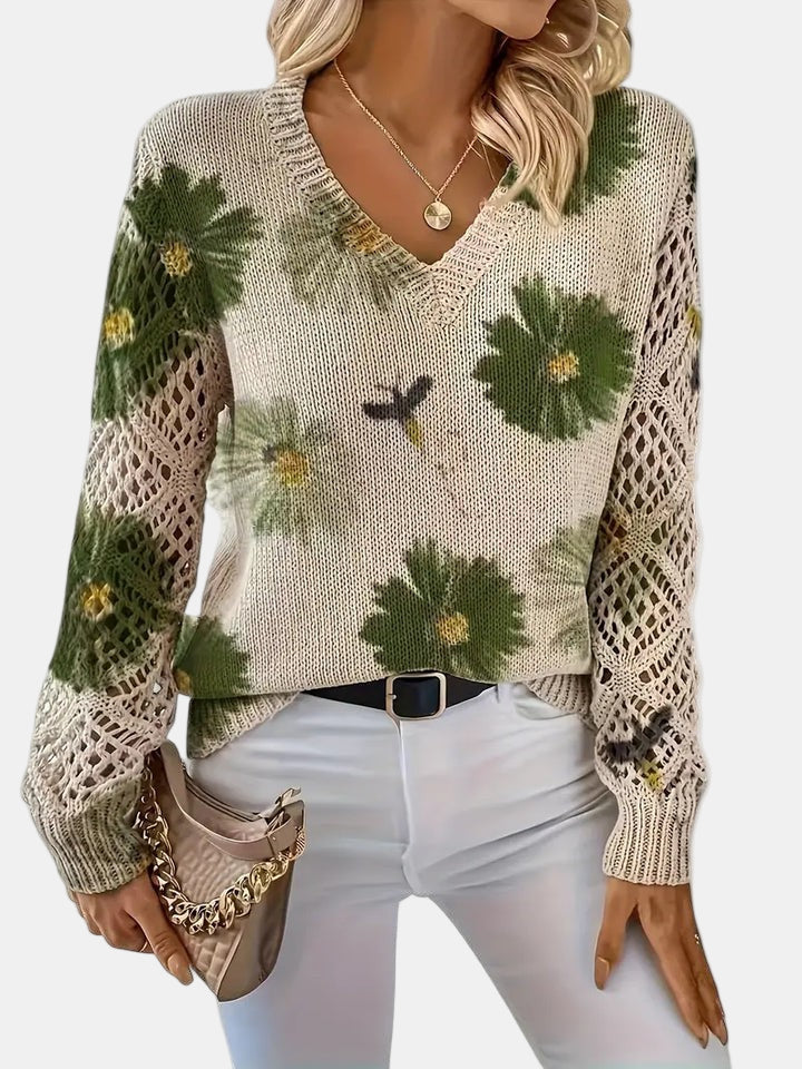 Women's Long Sleeve Knit V-Neck Floral Sweater Jumper