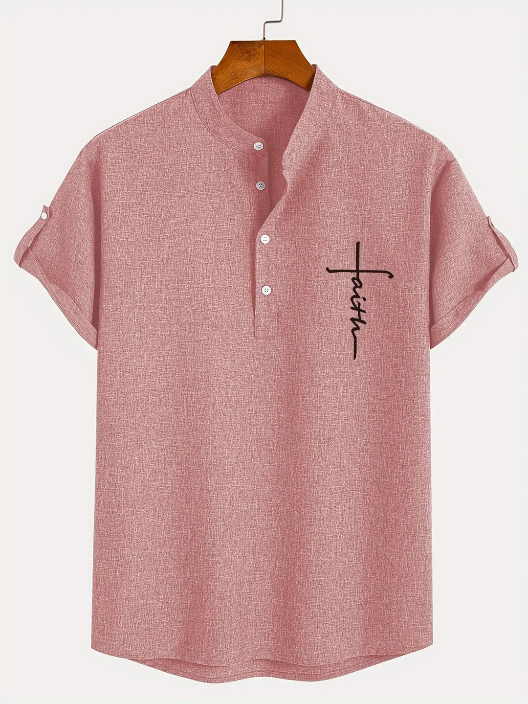 Men Henley Linen Shirt Casual Short Sleeve Cross Graphic Tee