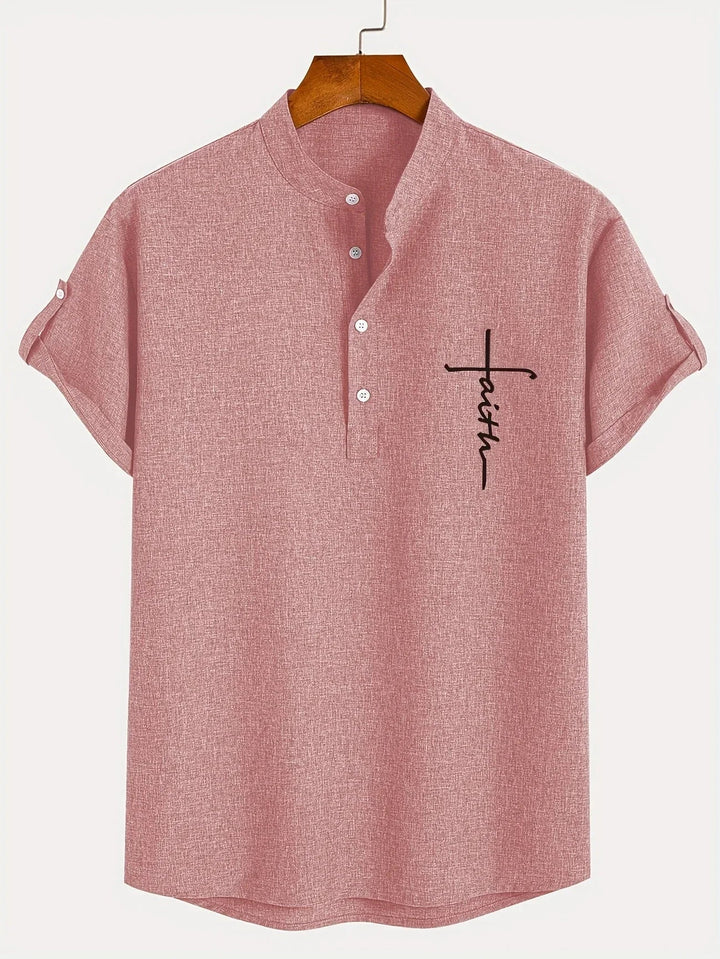 Men Henley Linen Shirt Casual Short Sleeve Cross Graphic Tee